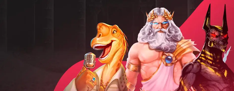 Zeus, Anúbis e dinossauro cantor ilustrando jogos de cassino temáticos no DBbet Brasil.